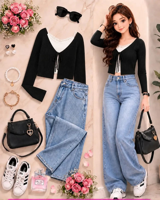 Lace Detail Top & Wide-Leg Denim Set