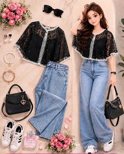 Lace Detail Top & Wide-Leg Denim Set