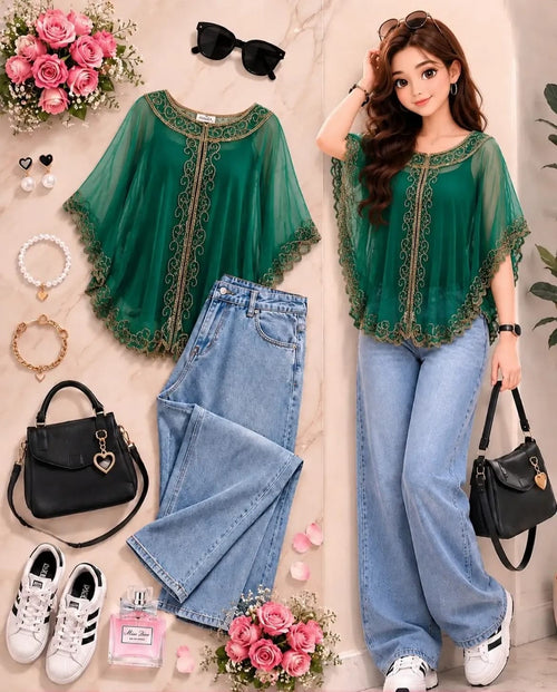 Lace Detail Top & Wide-Leg Denim Set