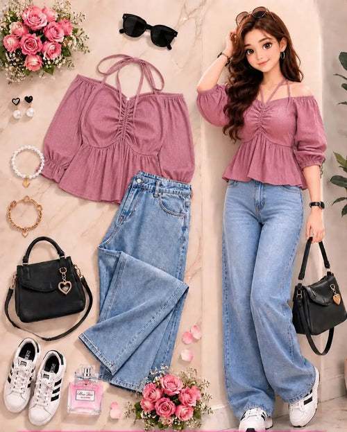 Lace Detail Top & Wide-Leg Denim Set