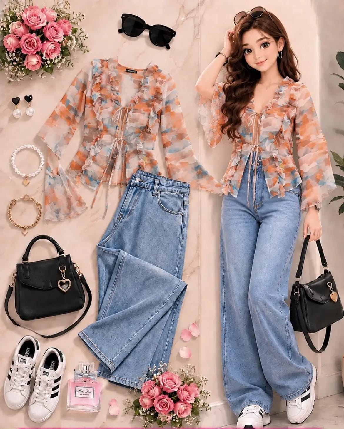 Lace Detail Top & Wide-Leg Denim Set