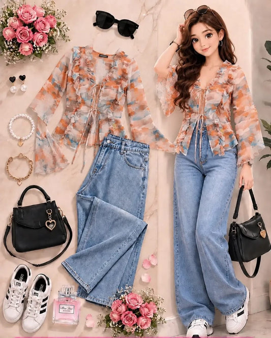 Lace Detail Top & Wide-Leg Denim Set