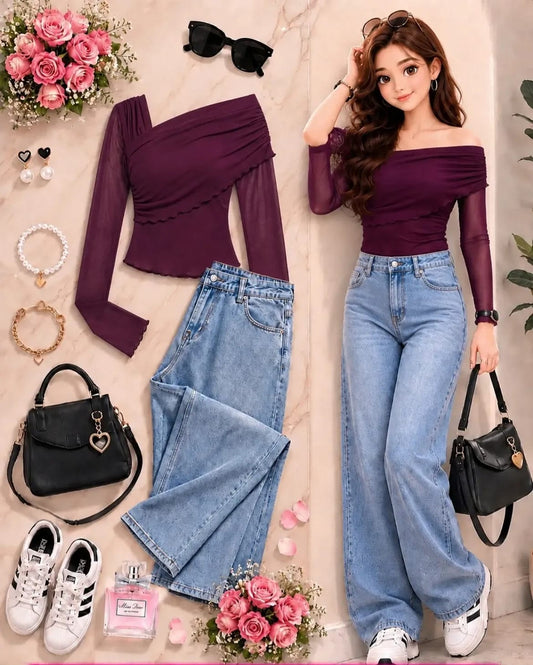 Lace Detail Top & Wide-Leg Denim Set