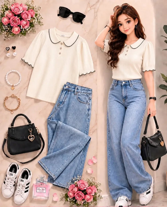 Lace Detail Top & Wide-Leg Denim Set