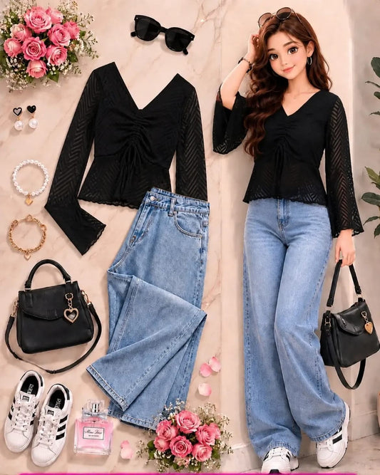Lace Detail Top & Wide-Leg Denim Set