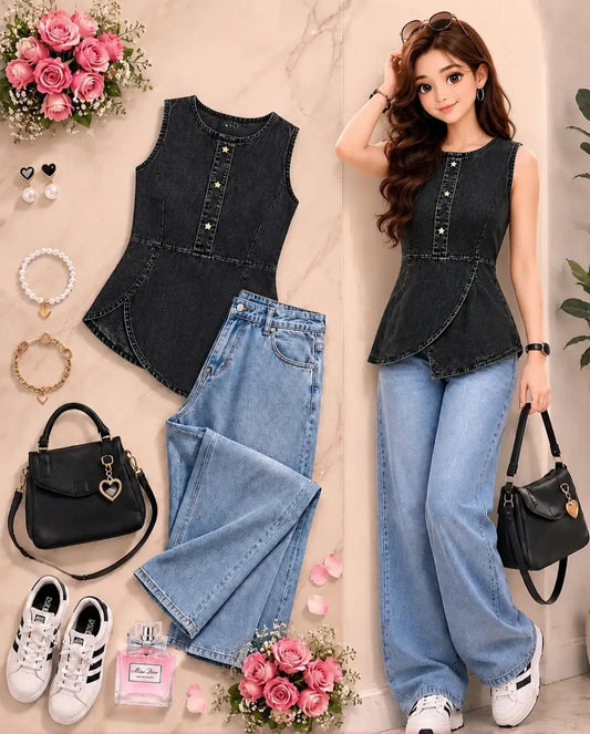 Lace Detail Top & Wide-Leg Denim Set