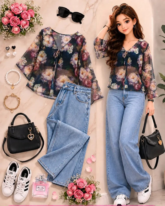 Lace Detail Top & Wide-Leg Denim Set