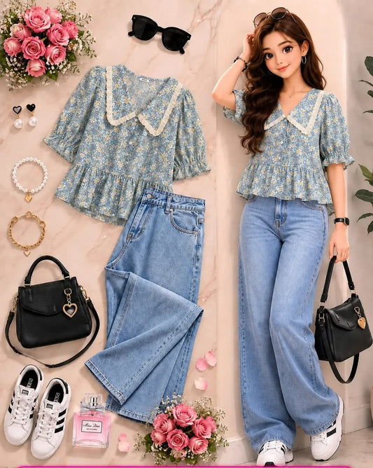 Lace Detail Top & Wide-Leg Denim Set