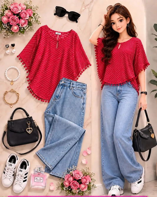 Lace Detail Top & Wide-Leg Denim Set