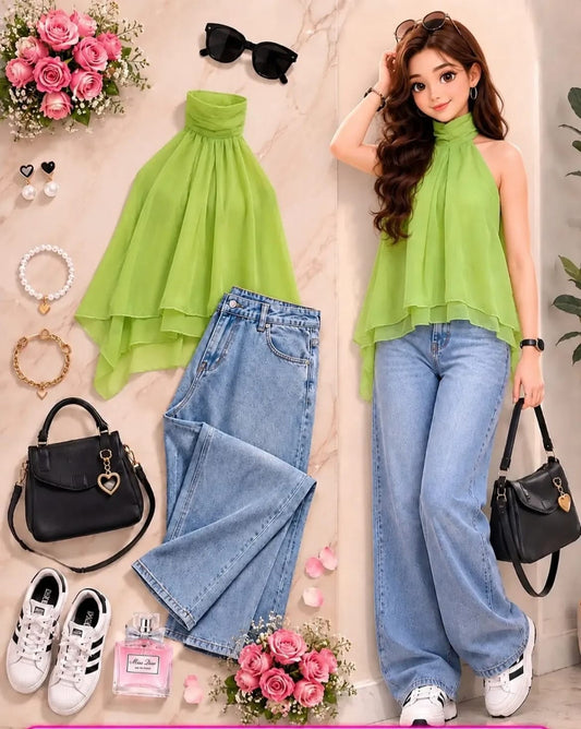 Lace Detail Top & Wide-Leg Denim Set