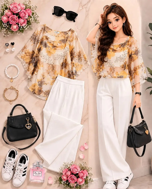Lace Detail Top & Wide-Leg Denim Set