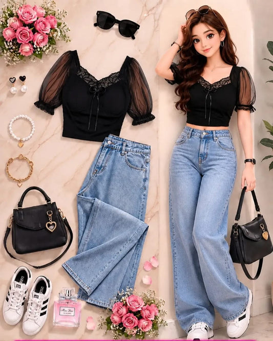 Lace Detail Top & Wide-Leg Denim Set