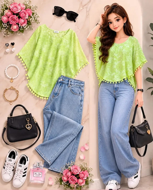Lace Detail Top & Wide-Leg Denim Set