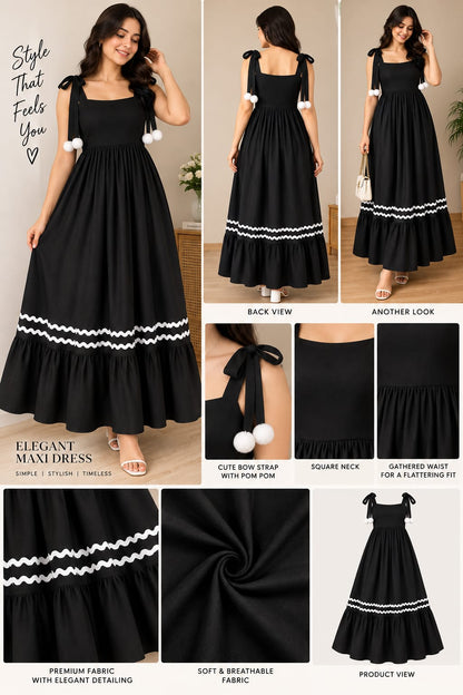 Women’s Elegant Bow Strap Maxi Dress with Pom-Pom Details & Flared Hem