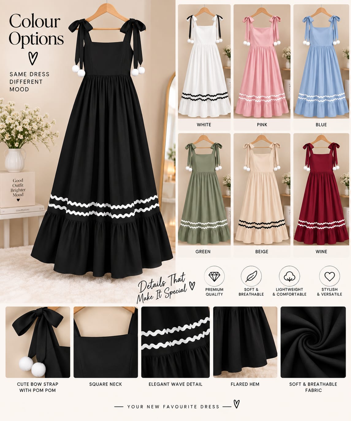 Women’s Elegant Bow Strap Maxi Dress with Pom-Pom Details & Flared Hem