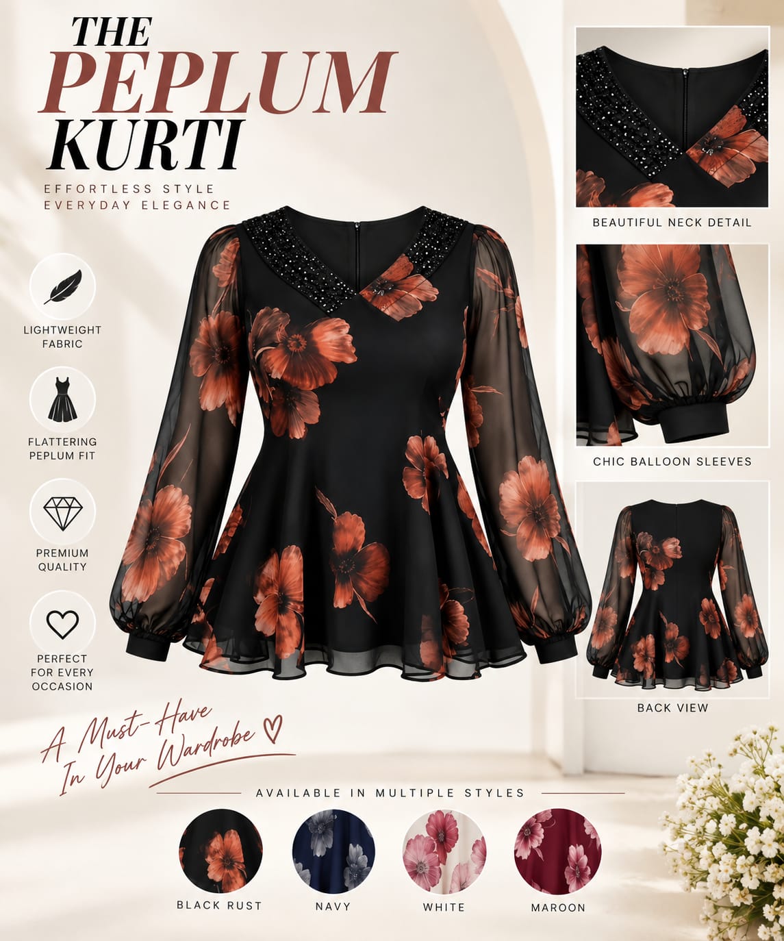 Floral Peplum Co-Ord Set for Women