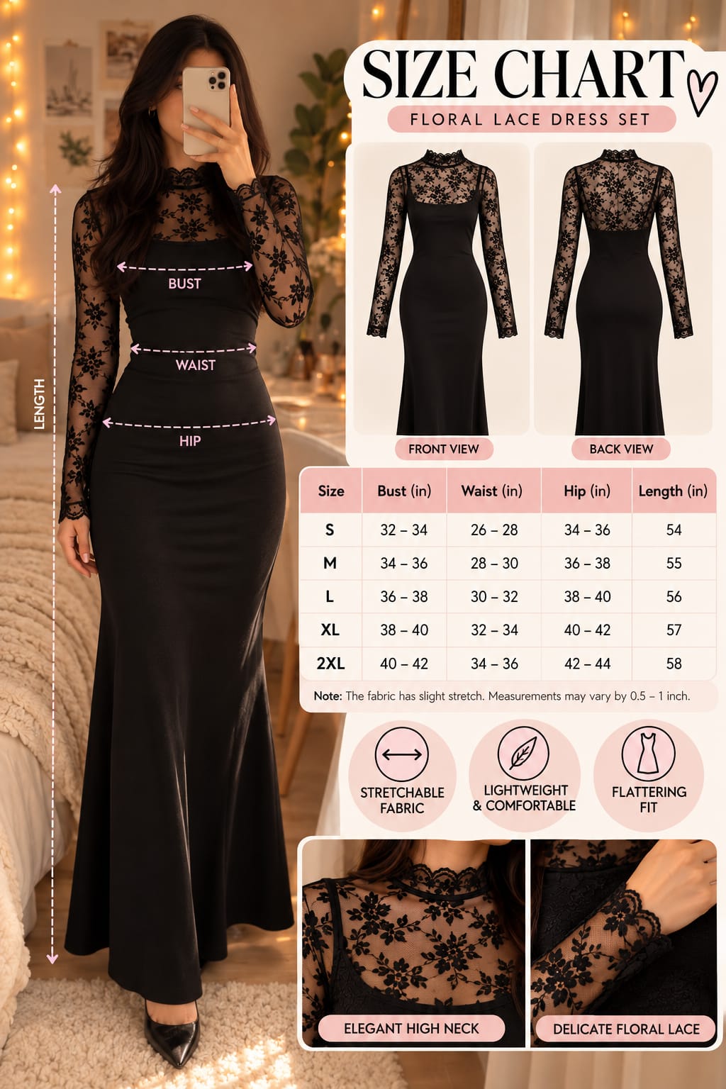 Black Floral Lace Overlay Maxi Dress – Elegant Full-Length Party Dress