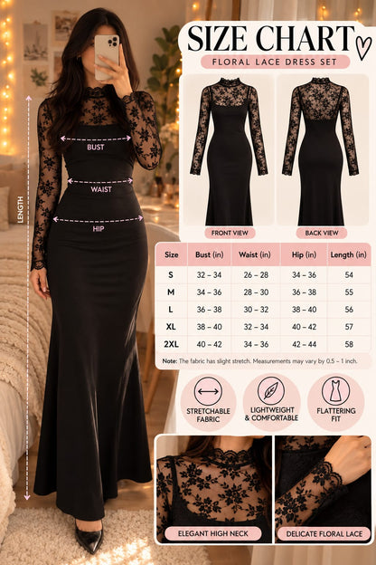 Black Floral Lace Overlay Maxi Dress – Elegant Full-Length Party Dress