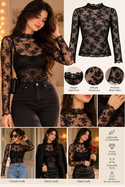 Black Floral Lace Overlay Maxi Dress – Elegant Full-Length Party Dress