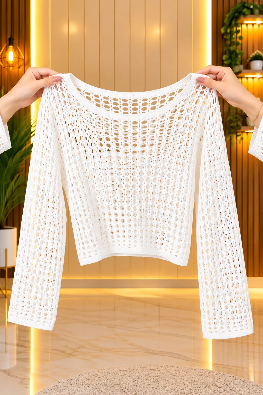 Women’s White Crochet Knit Crop Top with Black Wide-Leg Jeans – Trendy Western Co-Ord Look