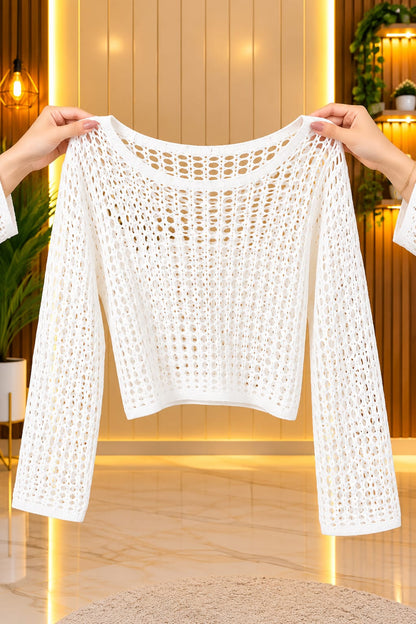 Women’s White Crochet Knit Crop Top with Black Wide-Leg Jeans – Trendy Western Co-Ord Look