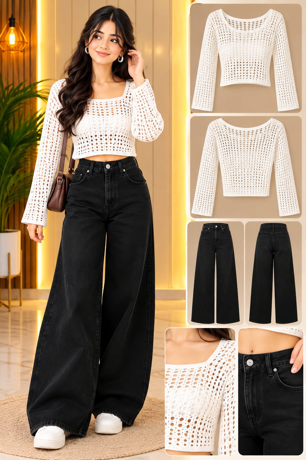 Women’s White Crochet Knit Crop Top with Black Wide-Leg Jeans – Trendy Western Co-Ord Look