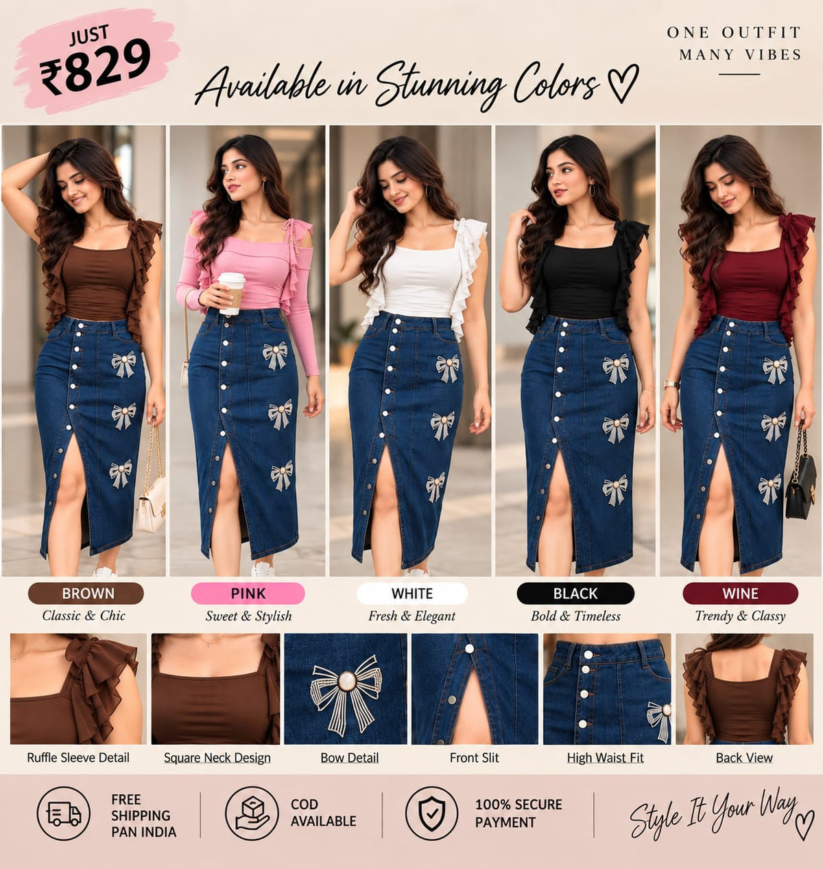 Chic Ruffle Sleeve Top & Bow Detail Denim Skirt Set