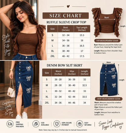 Chic Ruffle Sleeve Top & Bow Detail Denim Skirt Set