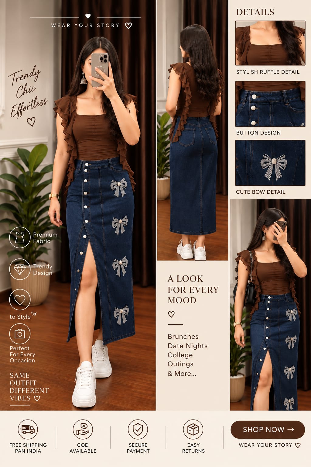 Chic Ruffle Sleeve Top & Bow Detail Denim Skirt Set