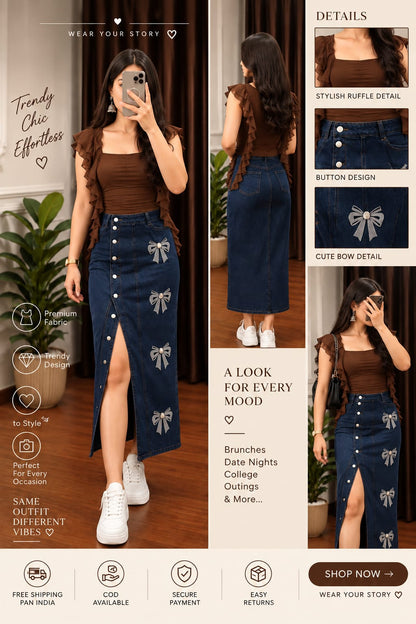 Chic Ruffle Sleeve Top & Bow Detail Denim Skirt Set
