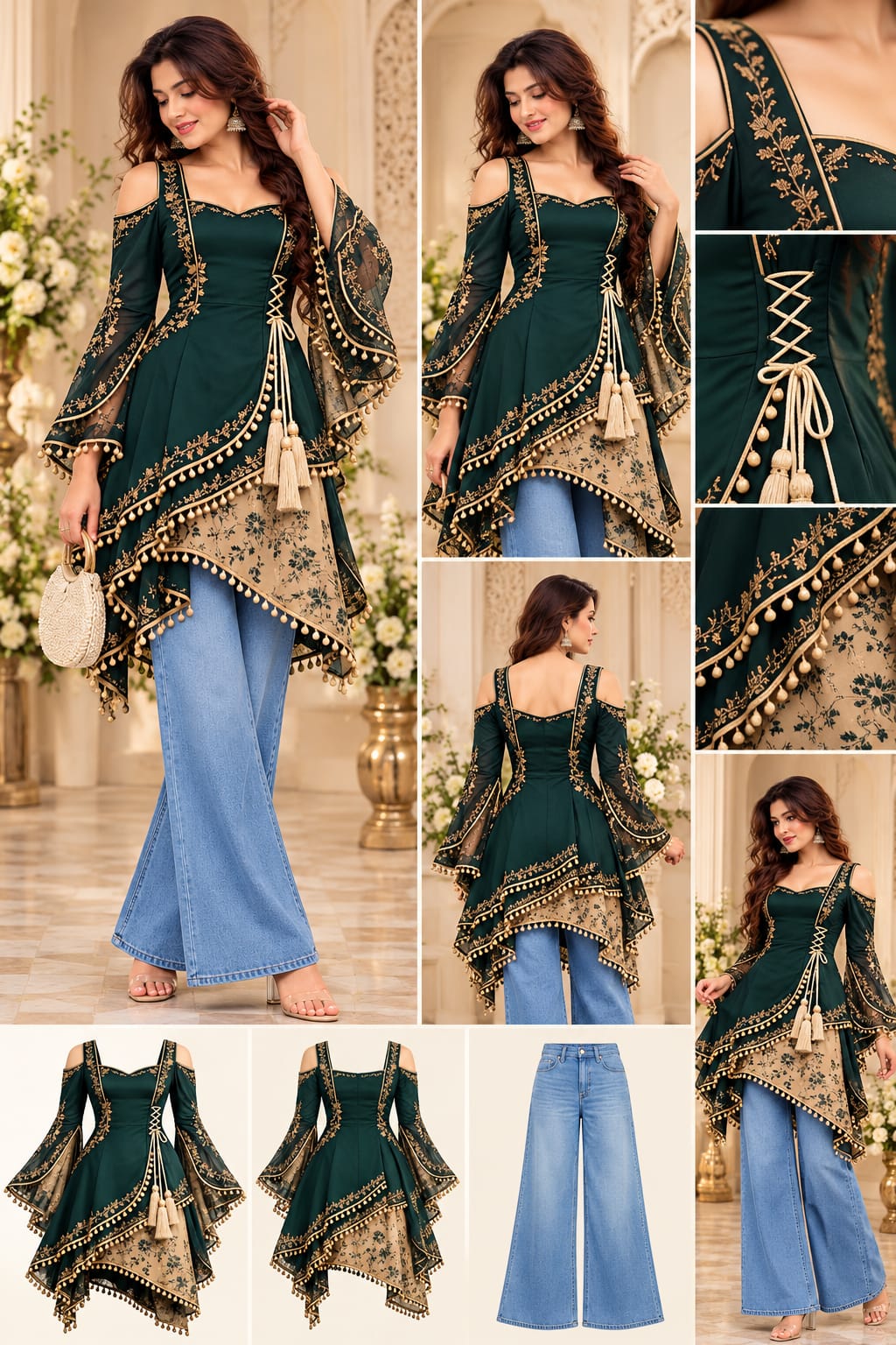 Emerald Green Embroidered Anarkali Kurti with Palazzo Jeans & Designer Dupatta