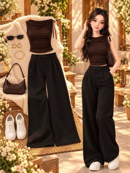 Women’s Korean-Inspired Ruched Tie-Shoulder Top & Wide-Leg Trouser Co-Ord Set