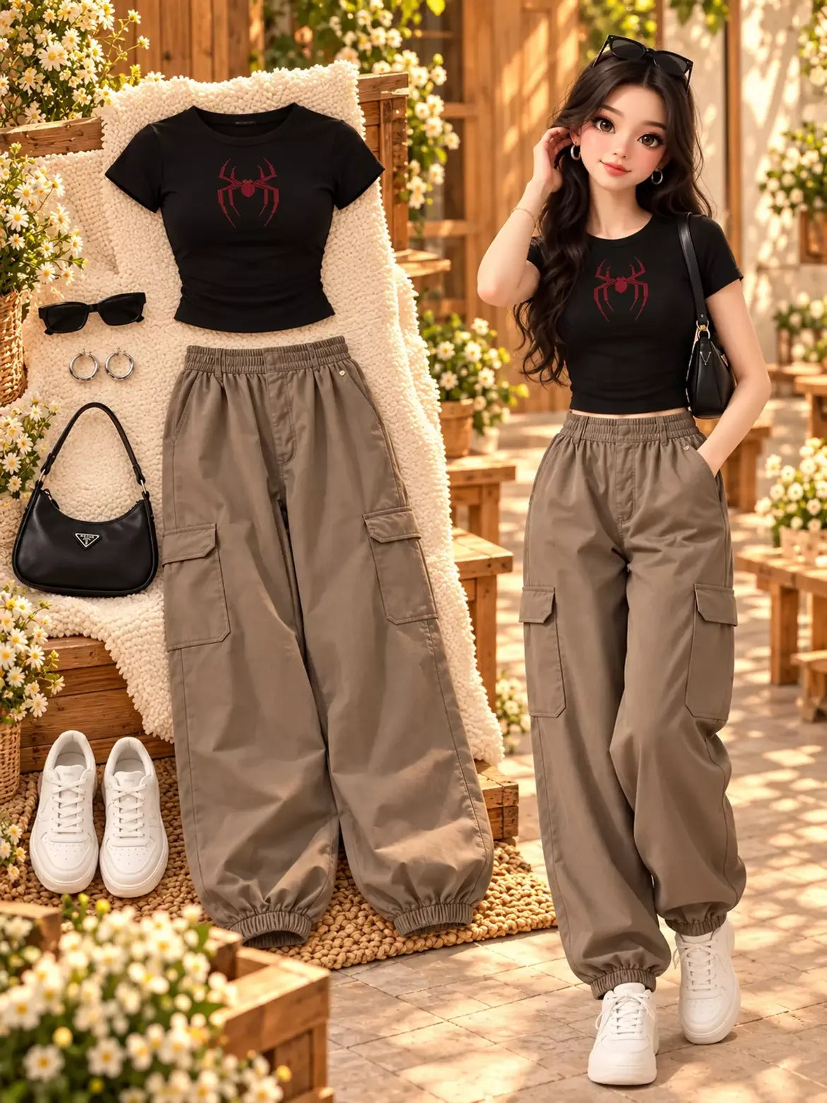 Women’s Korean-Inspired Spider Graphic Crop Top & Cargo Jogger Co-Ord Set