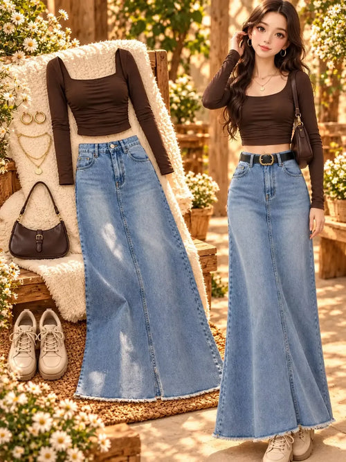 Women’s Korean-Inspired Ruched Crop Top & Denim Maxi Skirt Co-Ord Set
