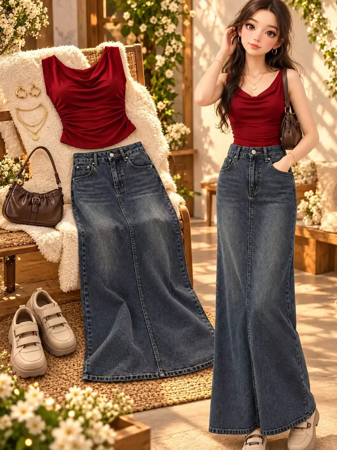 Women’s Korean-Inspired Ruched Crop Top & Denim Maxi Skirt Co-Ord Set Red