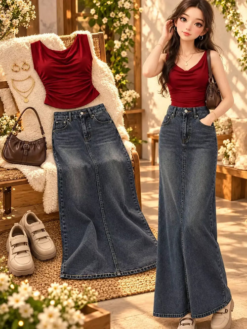 Women’s Korean-Inspired Ruched Crop Top & Denim Maxi Skirt Co-Ord Set Red