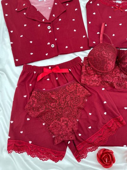Burgundy Heart Milan 6-Piece Pajama & Lingerie Set
