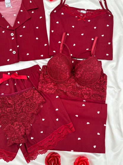 Burgundy Heart Milan 6-Piece Pajama & Lingerie Set