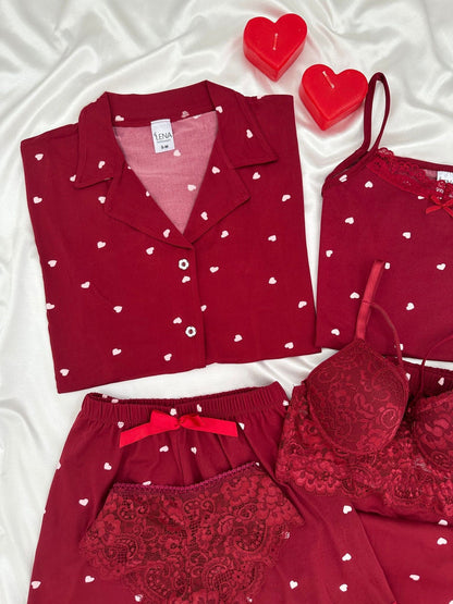 Burgundy Heart Milan 6-Piece Pajama & Lingerie Set