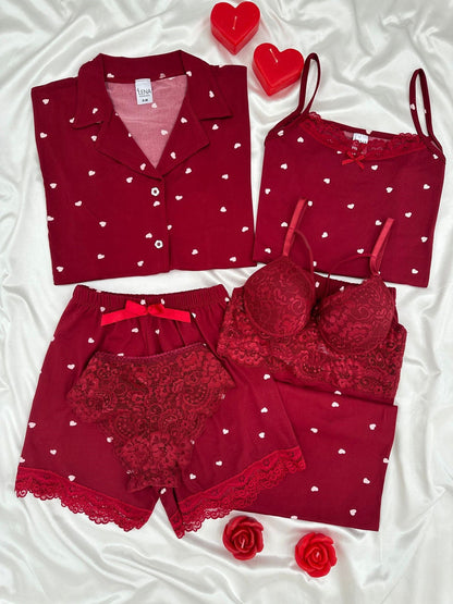 Burgundy Heart Milan 6-Piece Pajama & Lingerie Set