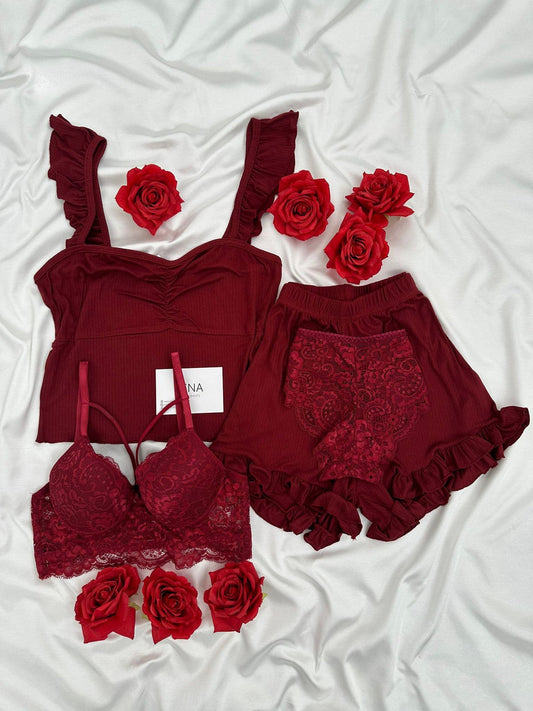 Burgundy Milas Shorts Pajama & Lingerie Set