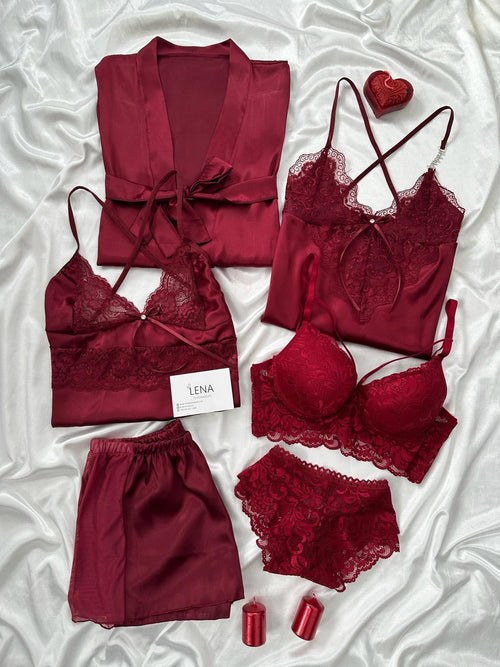 Burgundy Love Night Suit & Bra Penty Set Combo for Women's