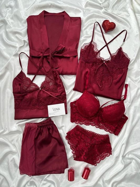 Burgundy Love Night Suit & Bra Penty Set Combo for Women's