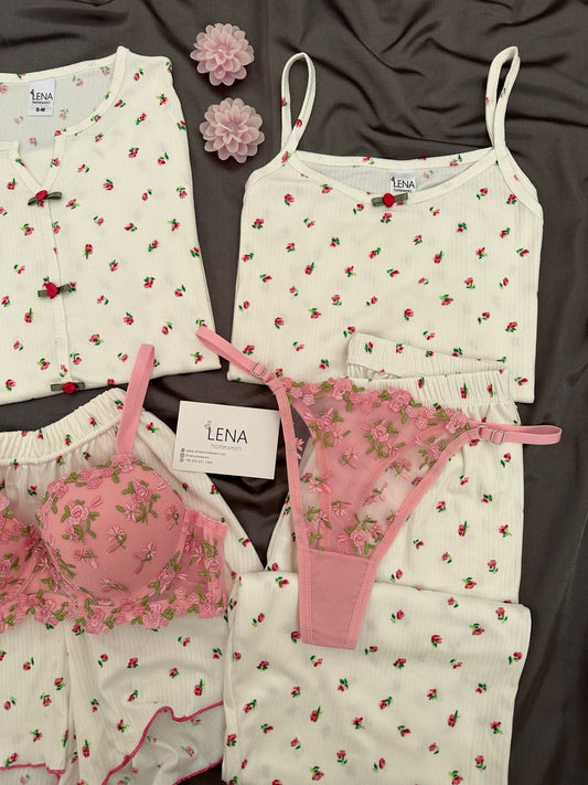 Paradise Flower Patterned Off-White 6-Piece & Pajama Set