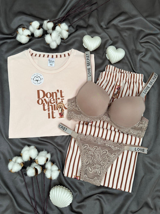 Striped Teddy Bear Four-Piece Pajama & Lingerie Set