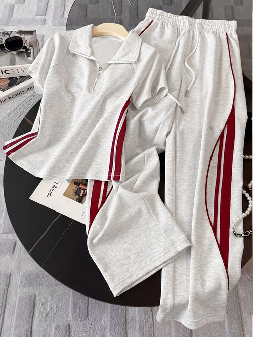 Women's Color Block Half-Zip Collar Top & Jogger Pants Casual 2-Piece Co-Ord Set