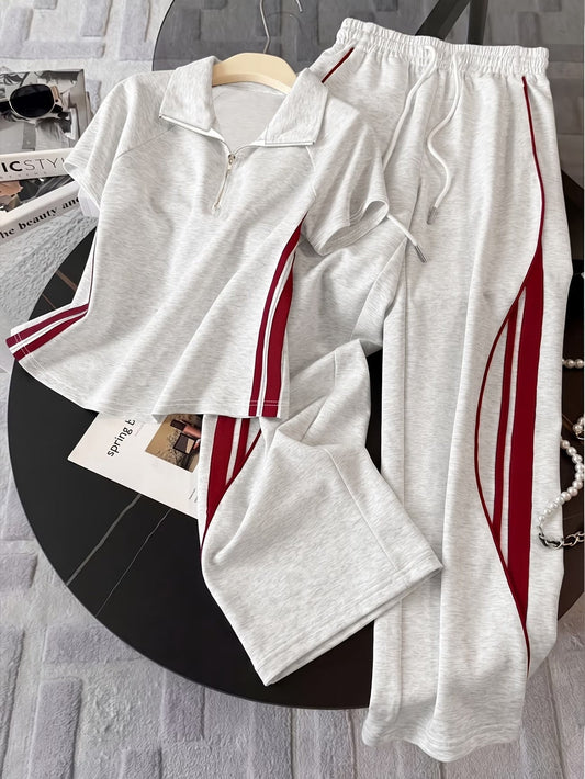 Women's Color Block Half-Zip Collar Top & Jogger Pants Casual 2-Piece Co-Ord Set