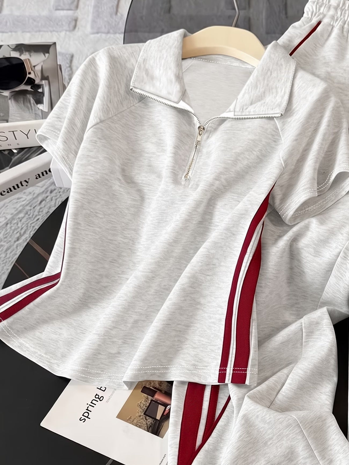 Women's Color Block Half-Zip Collar Top & Jogger Pants Casual 2-Piece Co-Ord Set