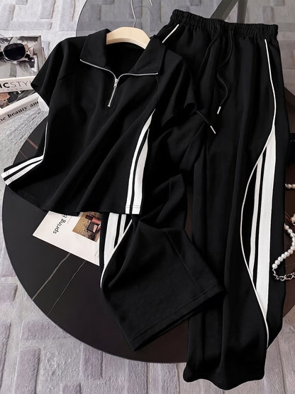 Women's Color Block Half-Zip Collar Top & Jogger Pants Casual 2-Piece Co-Ord Set