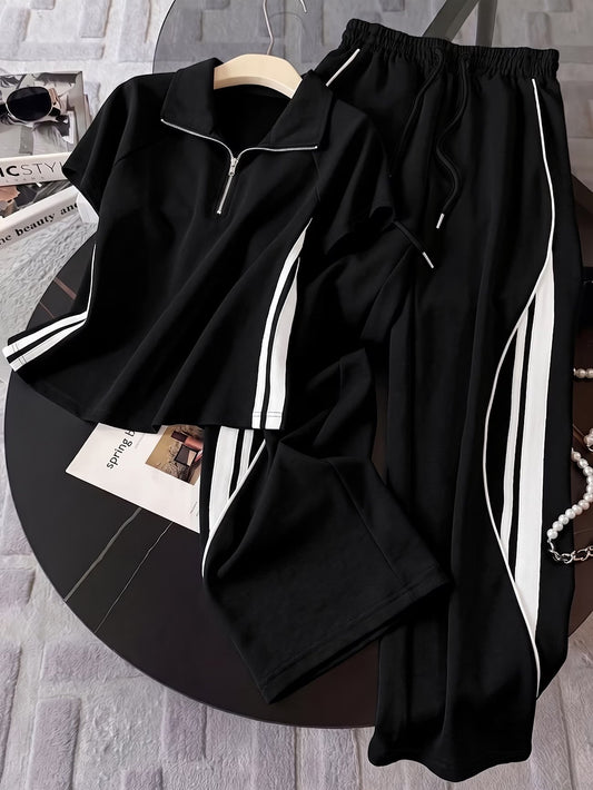 Women's Color Block Half-Zip Collar Top & Jogger Pants Casual 2-Piece Co-Ord Set
